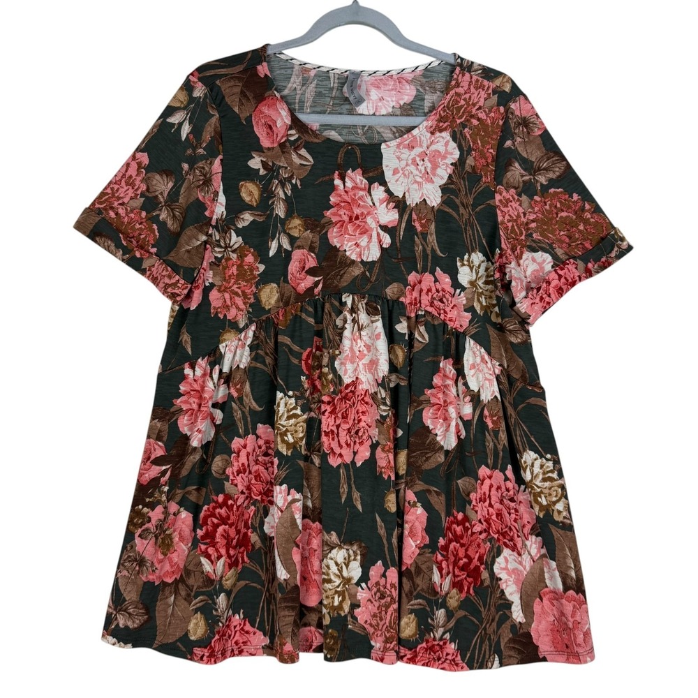 Honeyme Curvy Blouse Women XL Multicolor Floral Round Neck Short Sleeve Pullover